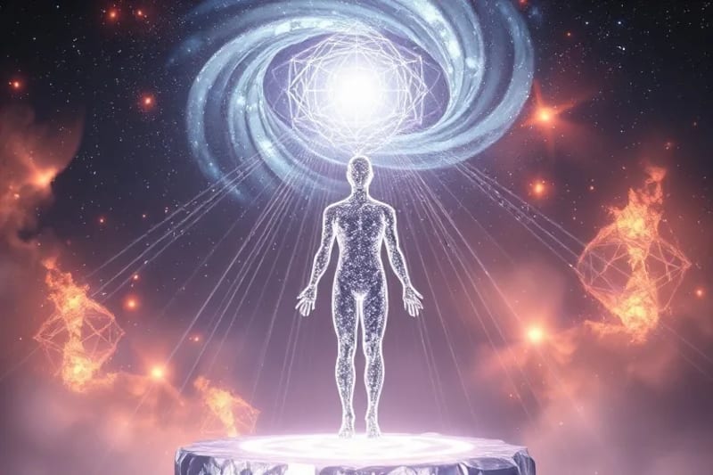 Figura humana de luz interactuando con códigos geométricos