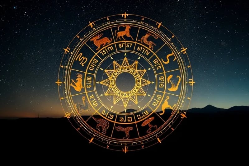 Stylized circular diagram of 36 decans, each segment with Egyptian symbols and deities, glowing with celestial energy against a cosmic background.
