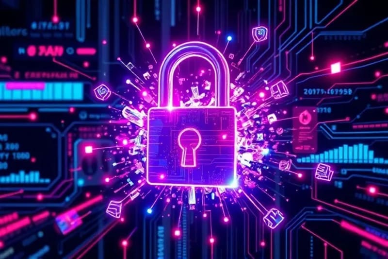 Cerradura digital fragmentándose en partículas cuánticas, simbolizando la vulnerabilidad de la privacidad