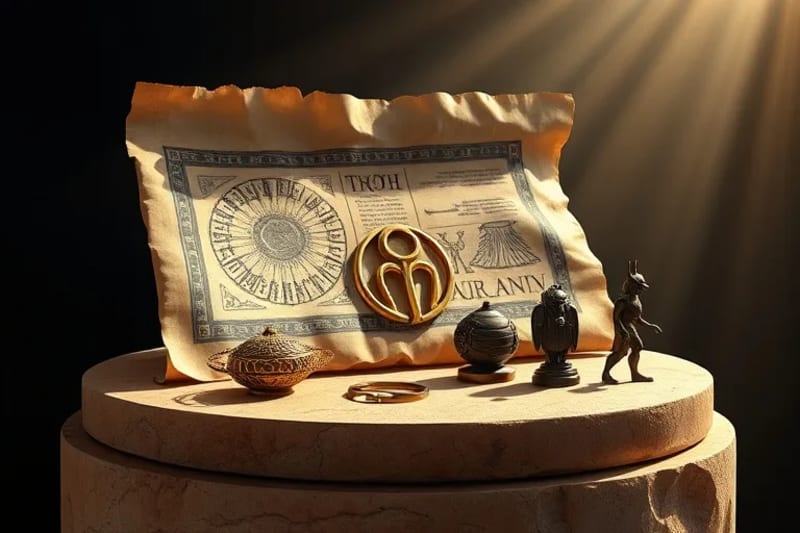 Conceptual still life of ancient Egyptian artifacts: papyrus with planetary deities, ankh, scarab, Thoth statue on sandstone, ethereal light.