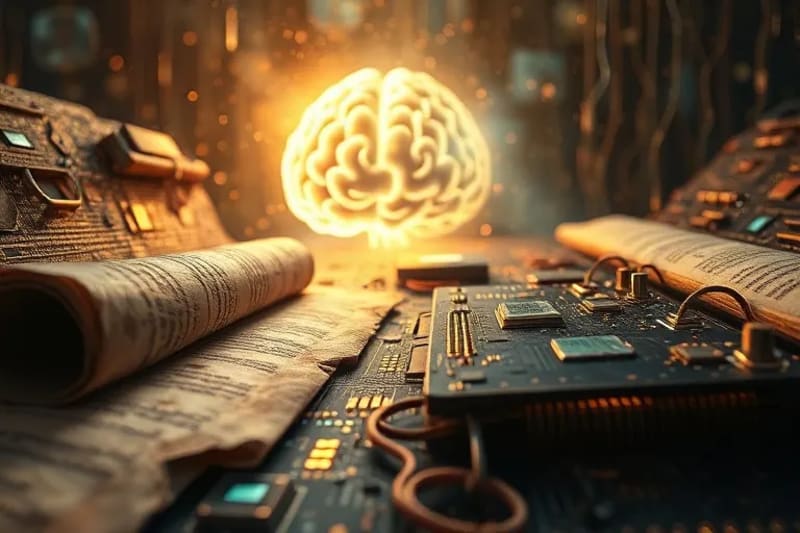 Antiguos pergaminos legales fusionándose con código digital y elementos cuánticos abstractos
