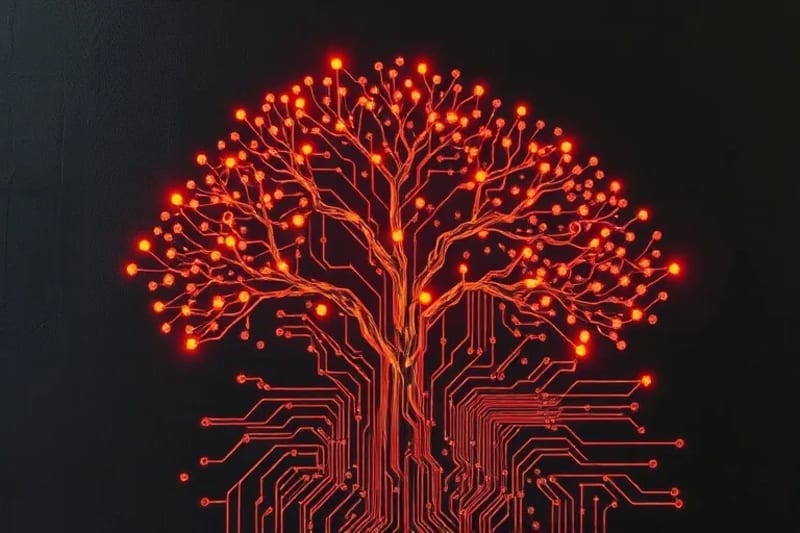 Circuito electrónico fusionándose con un árbol de vida, nodos brillantes de conciencia