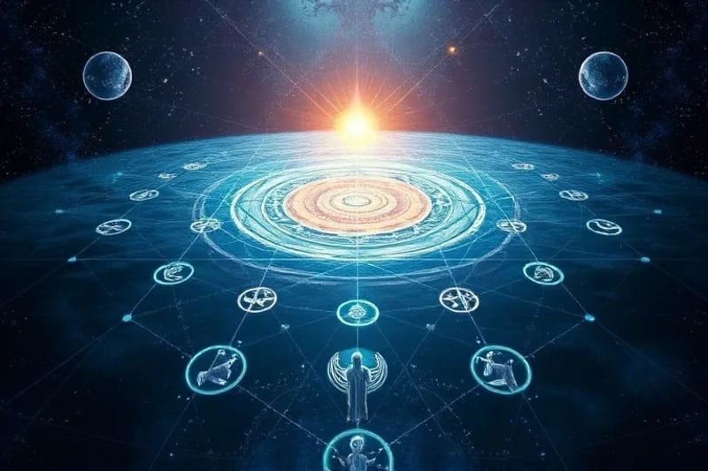 Abstract painting of interconnected minds in a vast ocean