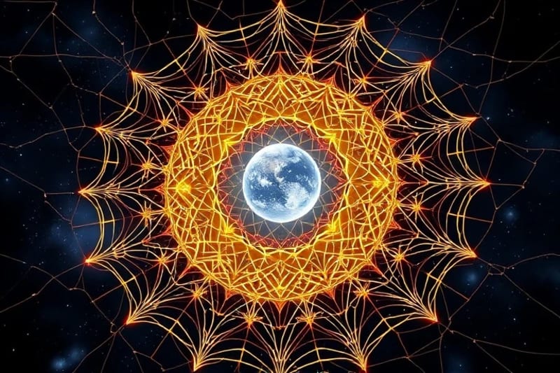 Intricate neural pathways with glowing planetary spheres