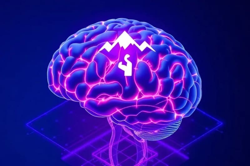 Ilustración vectorial de un cerebro estilizado con vías interconectadas, superpuesto con símbolos de resistencia, fuerza de voluntad y metas.