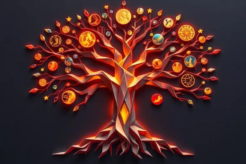 Pintura digital de un árbol genealógico cósmico con raíces energéticas y ramas que muestran símbolos de karma y herencia.
