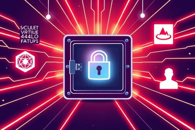 Bóveda digital estilizada con símbolos de NFT y datos, representando la seguridad de la propiedad virtual.