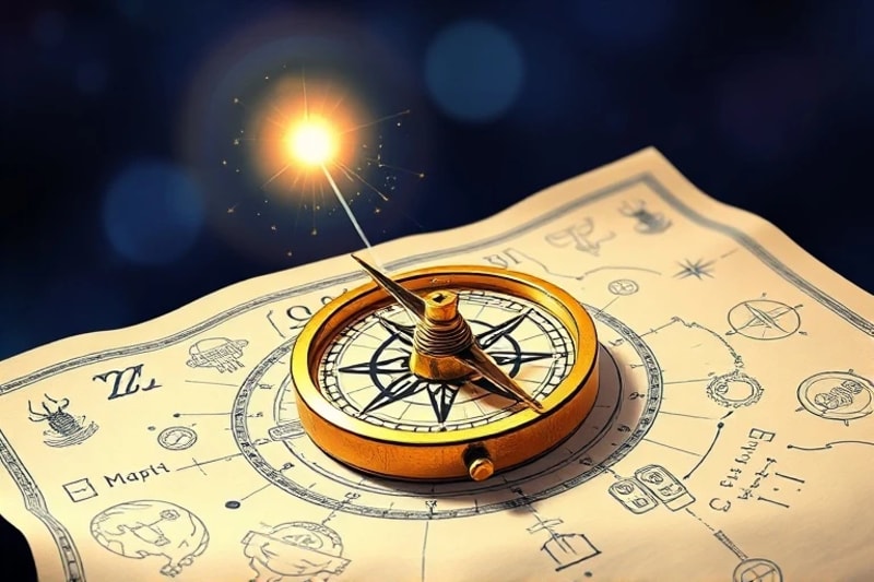 Stylized antique brass compass on a star chart, pointing towards an ethereal light, with holographic circuit patterns, symbolizing innovation and guidance.