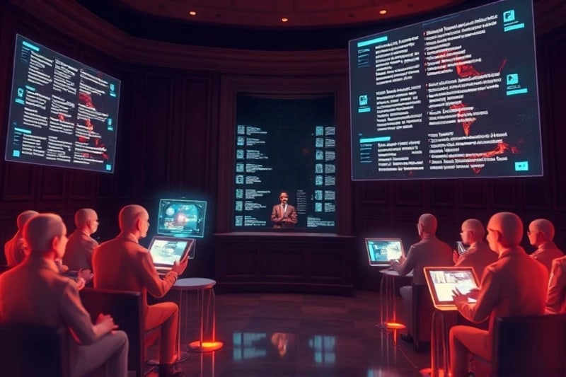 Pintura al óleo de figuras abstractas en un entorno judicial digital, debatiendo leyes holográficas.