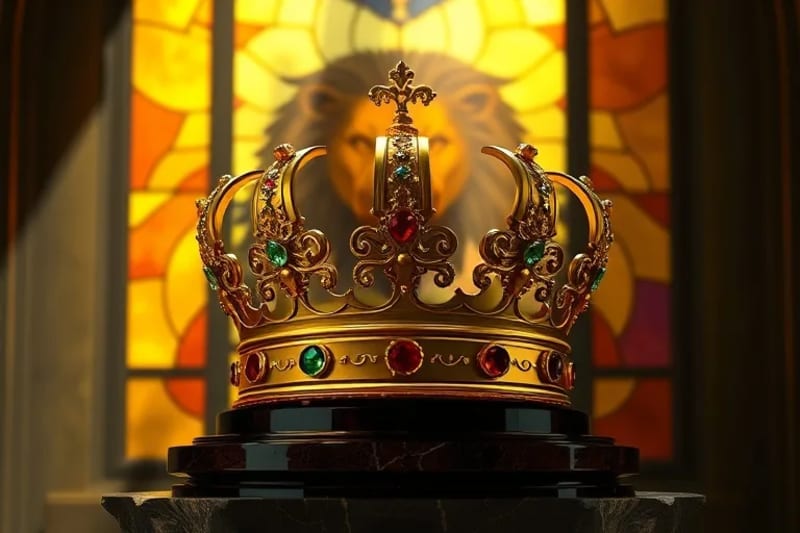 Ornate golden crown on a dark marble pedestal, with a faint lion's head silhouette in the background, symbolizing royalty and power.