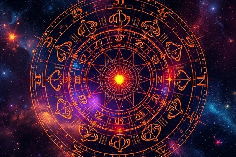 Mandala cósmico con símbolos astrológicos y líneas energéticas