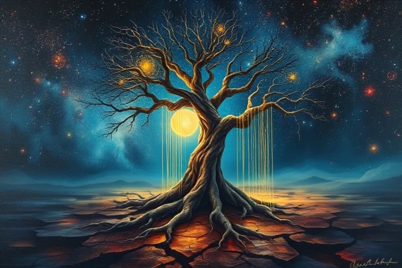 Gnarled tree with glowing roots and scarred trunk