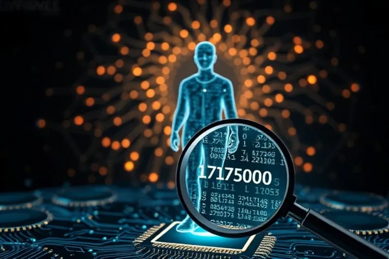 Silueta humana abstracta con datos encriptados y lupa