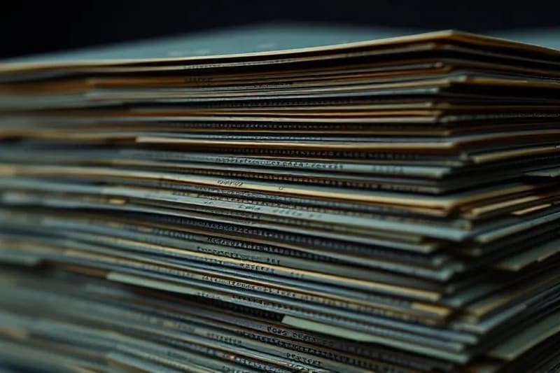 Una pila monumental de código impreso de los años 60, con una luz tenue que realza su complejidad y volumen, simbolizando el software del programa Apolo.