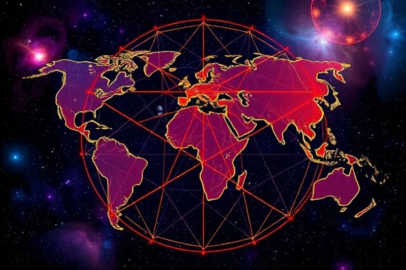 Mapa mundial con líneas planetarias y símbolos