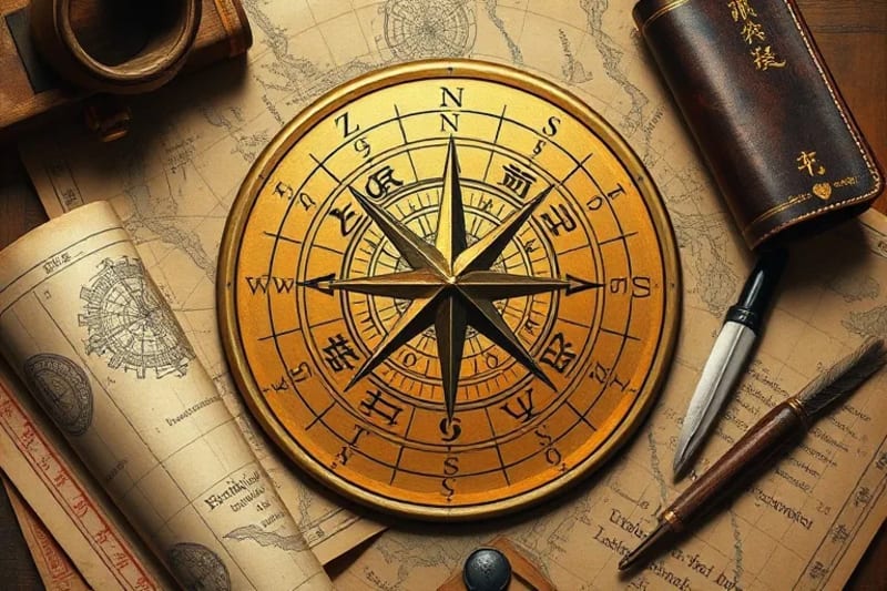 Brújula antigua sobre mapas celestes