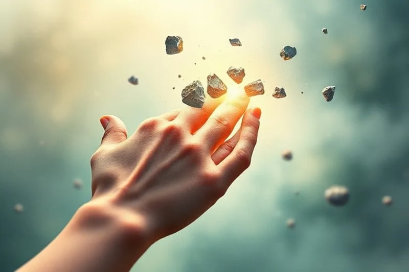 Watercolor painting of a human hand reaching towards metallic, crystalline asteroids, symbolizing humanity's ambition for space resources.
