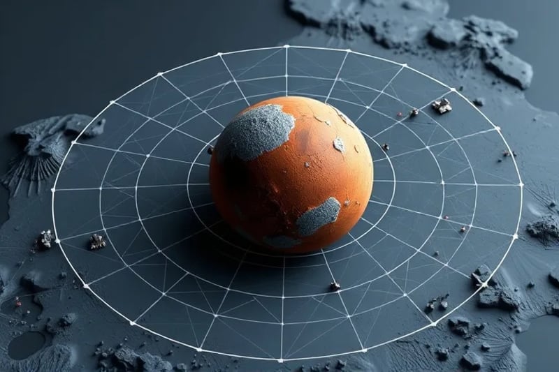 3D render of geometric orbital paths and territorial zones around a celestial body, representing claims and boundaries in space.