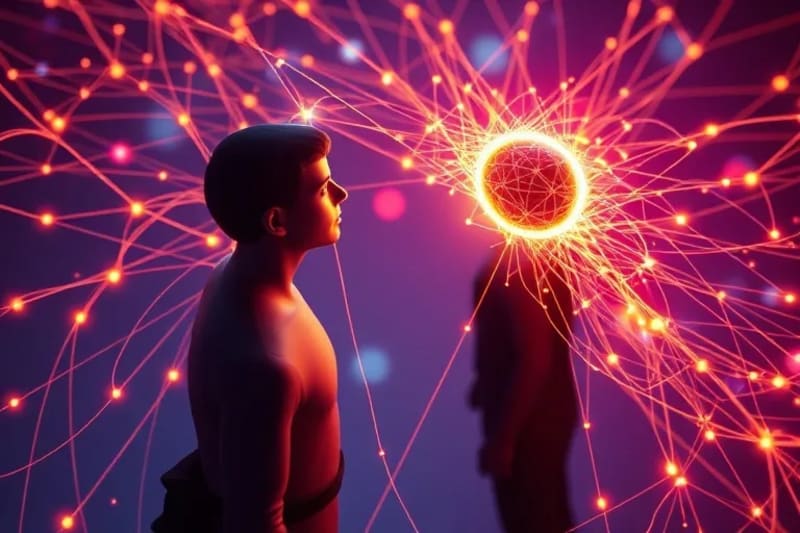 Siluetas humanas abstractas conectadas por líneas de energía, representando la interacción social y la proyección de la persona