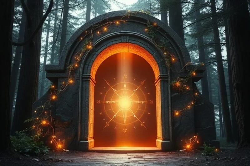 Portal de piedra agrietado con luz radiante, simbolizando la revelación del ser auténtico