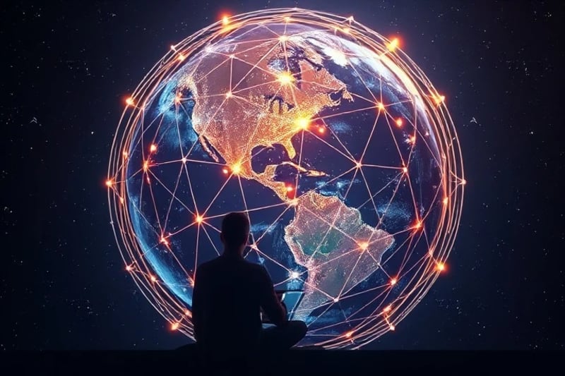 Astrocartography map with glowing lines and a person working remotely
