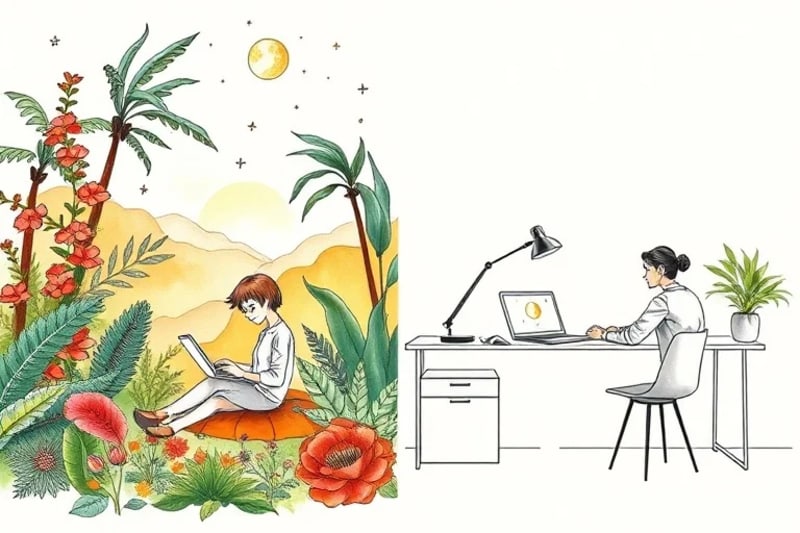 Watercolor painting of two scenes: outdoor work and organized indoor work