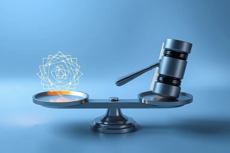 Balanza con datos de IA y un mazo legal, simbolizando la justicia y la regulación