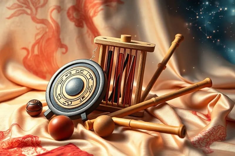 Instrumentos musicales chinos y los Cinco Elementos en una composición artística.
