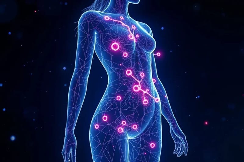 Abstract 3D render of biological pathways and hormones within a female body outline.