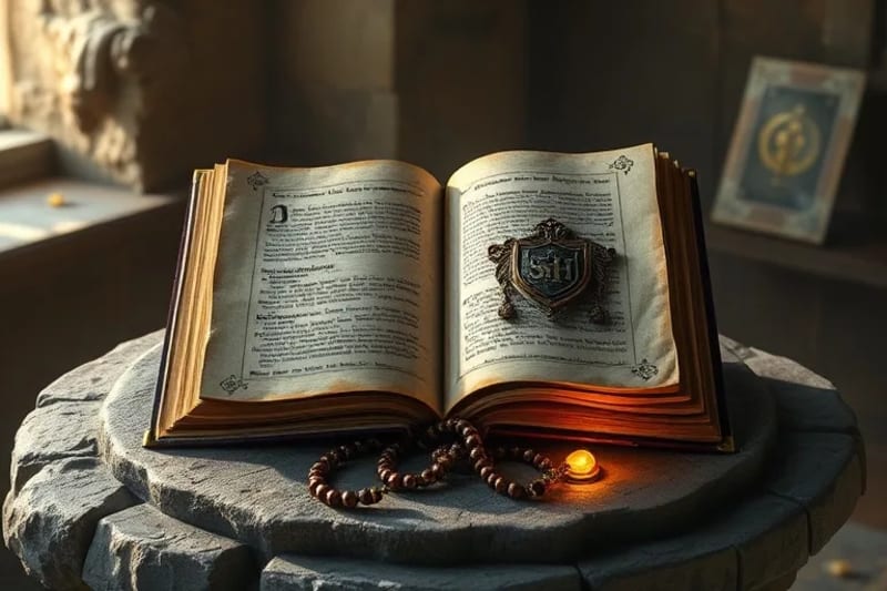 Libro de oración antiguo, rosario, escudo y símbolos de protección divina en altar de piedra
