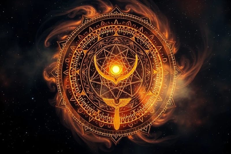 Ancient esoteric symbols in swirling mist