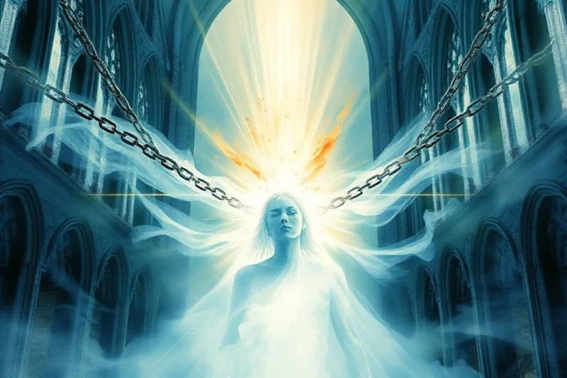 Pintura acuarela de cadenas rompiéndose y luz emergiendo