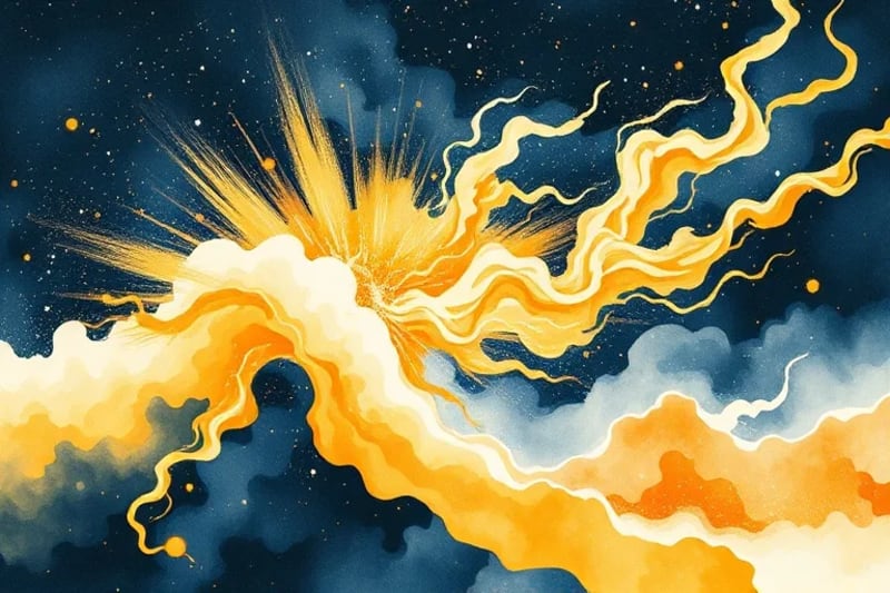 Pintura abstracta de luz dorada emergiendo de un fondo oscuro, simbolizando la potenciación de la luz interior.