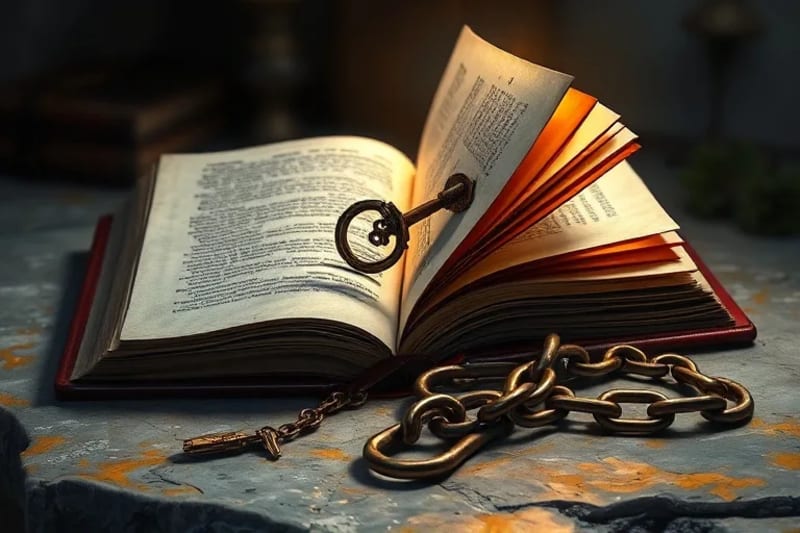 Render 3D de una llave antigua abriendo un libro brillante