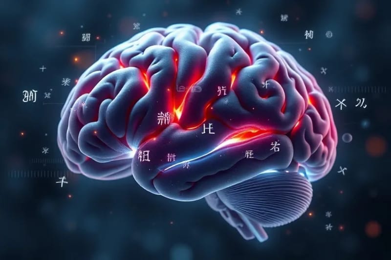Corte transversal de un cerebro con regiones lingüísticas resaltadas y símbolos abstractos de idiomas integrados.