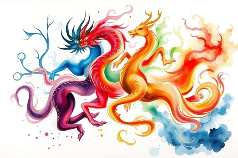 Digital painting of the twelve Chinese Zodiac animals intertwined with the five elements in a vibrant, symbolic composition.