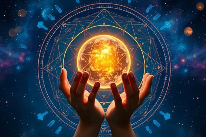 Manos equilibrando una esfera brillante con símbolos astrológicos y nodos lunares