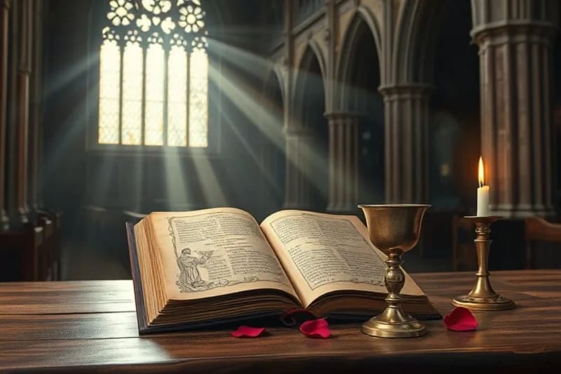 Libro antiguo, cáliz y vela, simbolizando la sabiduría espiritual