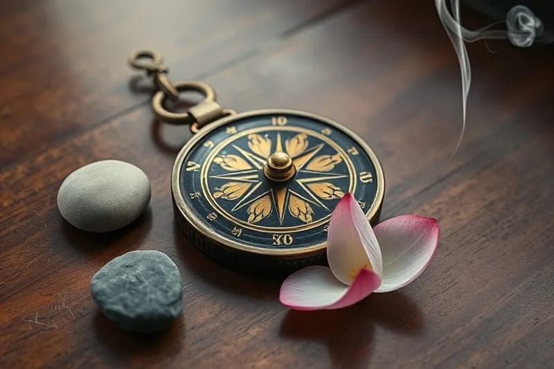 Conceptual still-life of an antique Chinese compass (Luo Pan) surrounded by a river stone, lotus petal, and incense smoke, conveying ancient guidance and introspection.