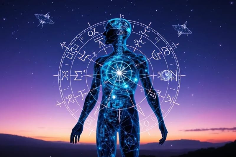 3D render of holographic human body with planetary glyphs