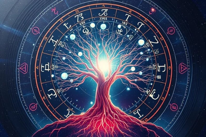 Representación 3D de una carta astral conectada a un árbol de vida brillante