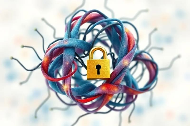 Intertwined threads of light and code with a golden lock icon, symbolizing AI creation and ownership.