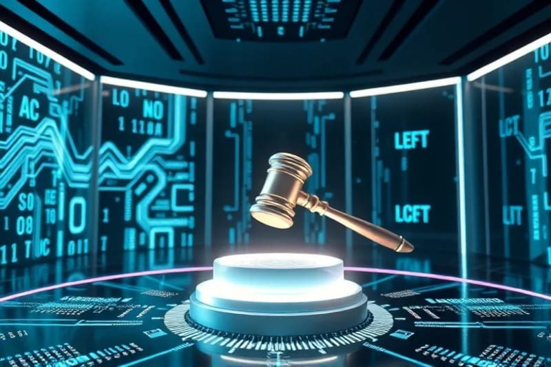Futuristic courtroom with holographic displays showing code and art, a hovering gavel symbolizing evolving digital justice.