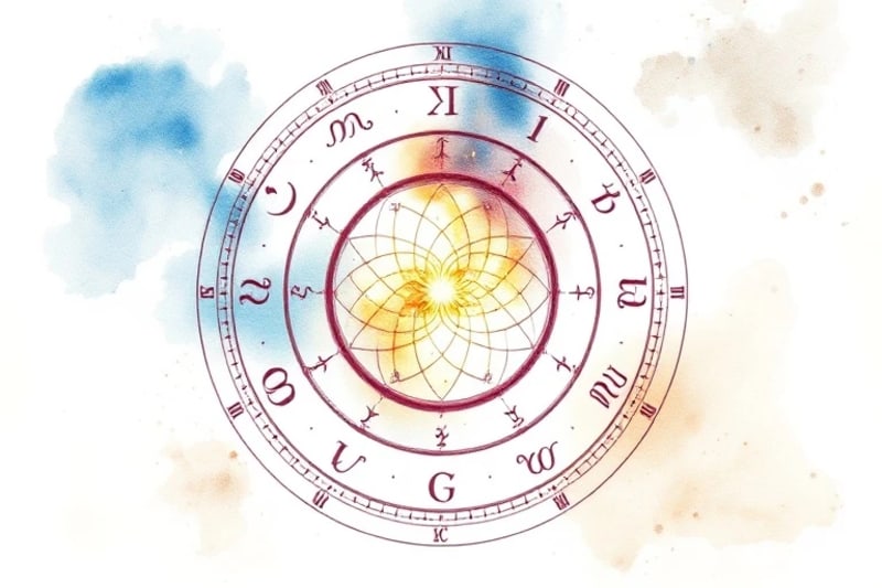 Intricate astrological chart with a specific conjunction point highlighted, surrounded by cosmic dust.