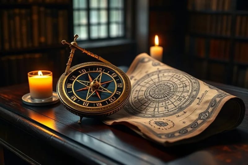 Antique brass astrolabe on a wooden desk, with a rolled-up parchment of star charts.