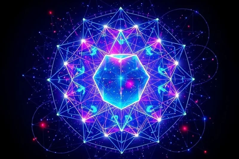 Representación abstracta de un aura humana con un escudo de luz y cristales flotando