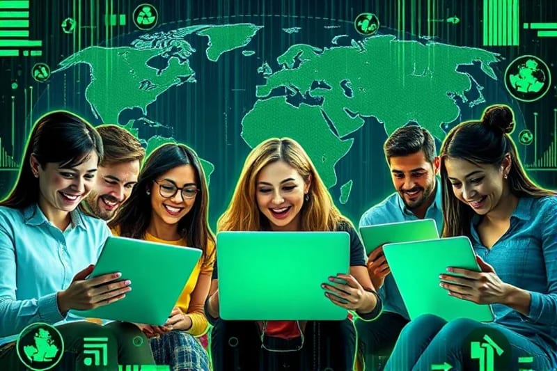 Grupo diverso de personas interactuando con dispositivos digitales y símbolos de sostenibilidad