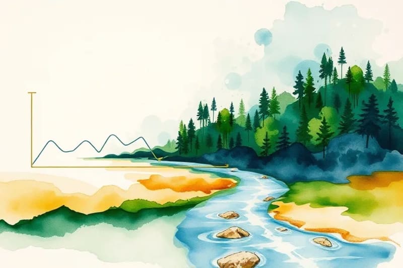 Gráfico de crecimiento digital que se convierte en un río que nutre un bosque, simbolizando la sostenibilidad a largo plazo