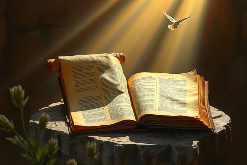 Manuscritos antiguos y una Biblia abierta bajo una luz celestial, con una paloma y una rama de olivo