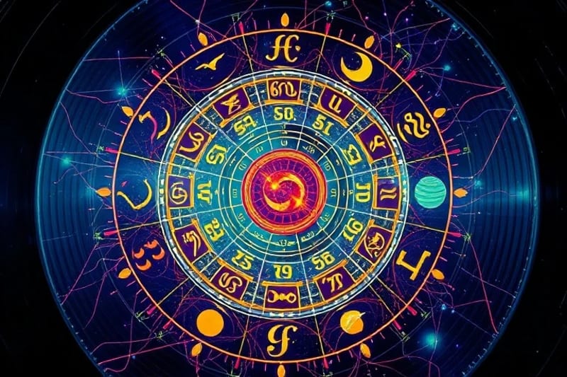 Digital art of data streams flowing into astrological symbols with a human silhouette observing.